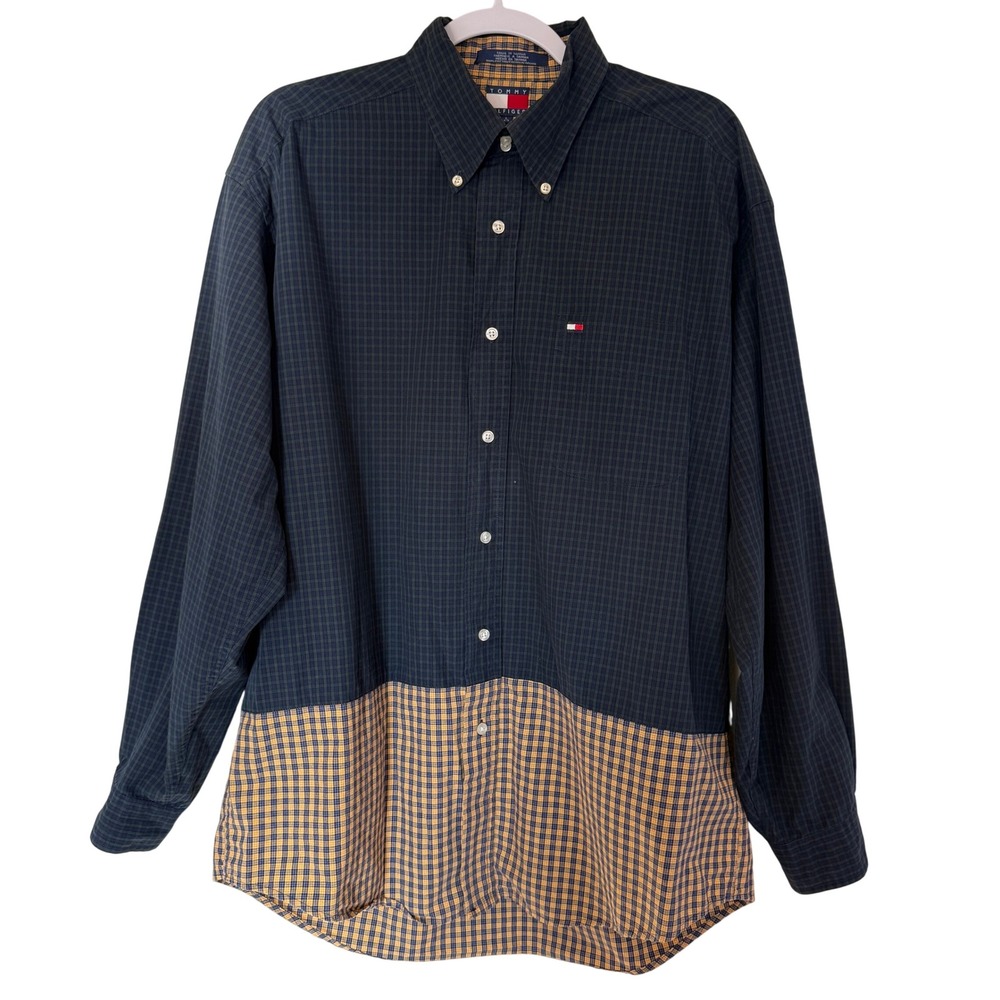 Tommy Hilfiger‎ Mens Large Vintage Colorblock Patchwork Plaid Button Down Shirt